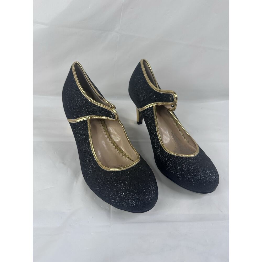 Betty Page Shoes By Ellie Retro Black Glitter Cheetah Strap Heel Dancer Size 10